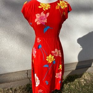 Loft dress, red dress, midi dress, date night dress, summer dress, floral dress